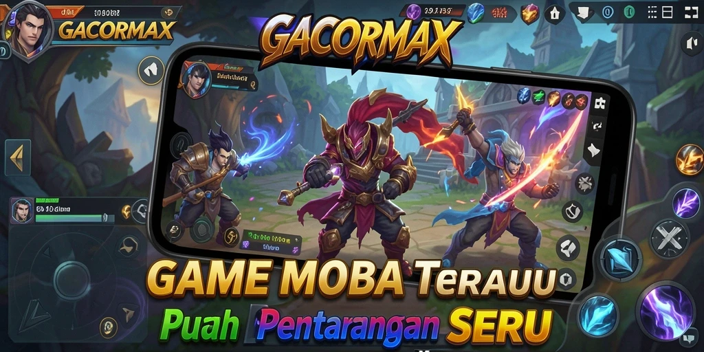 Screenshot GACORMAX menampilkan aksi intens di arena pertarungan MOBA.