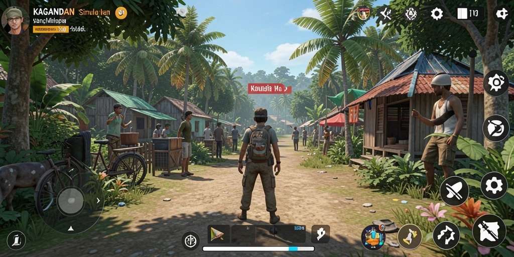 Tampilan gameplay KAGANDAN yang penuh warna dan interaksi sosial.