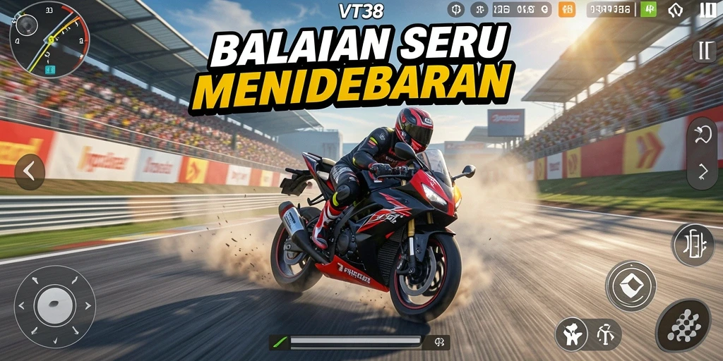 Screenshot VT38 menampilkan aksi balapan motor yang mendebarkan.